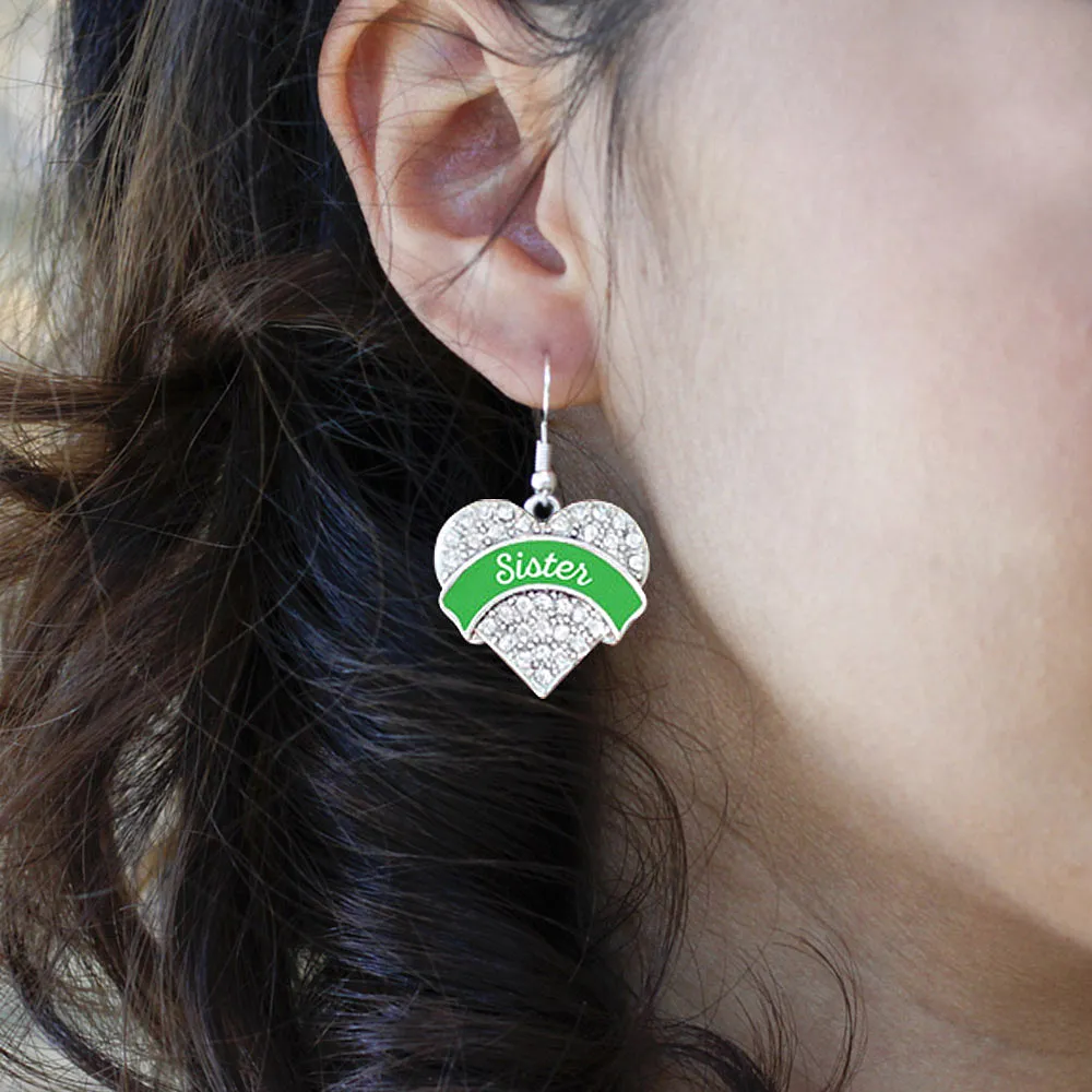 Silver Emerald Green Sister Pave Heart Charm Dangle Earrings