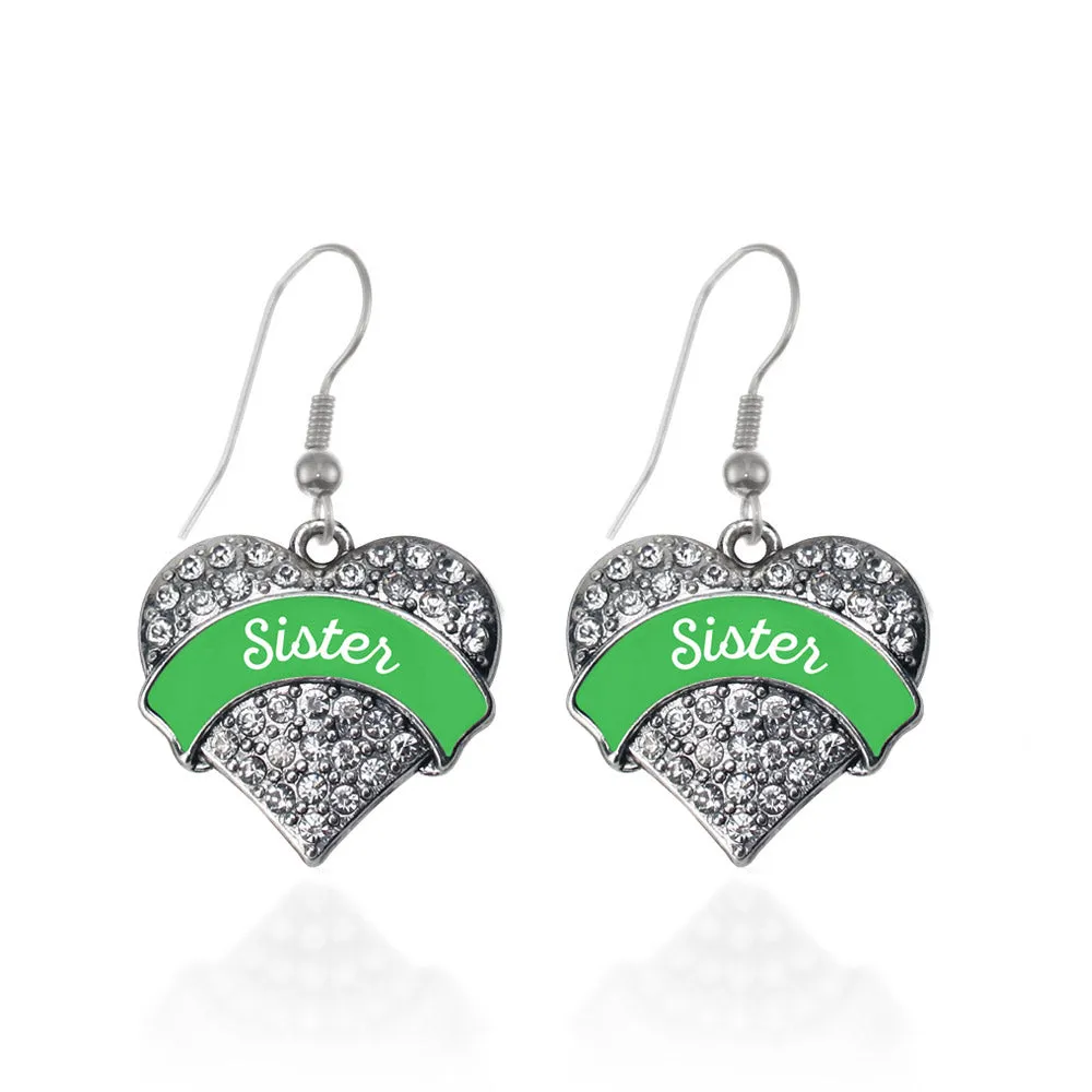 Silver Emerald Green Sister Pave Heart Charm Dangle Earrings