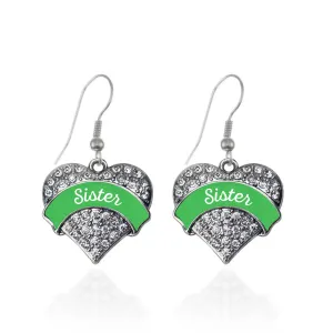 Silver Emerald Green Sister Pave Heart Charm Dangle Earrings