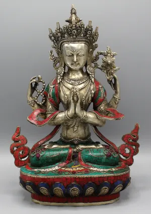 Silver Plated  Stone Inlaid  Four arms Chenrezig Statue