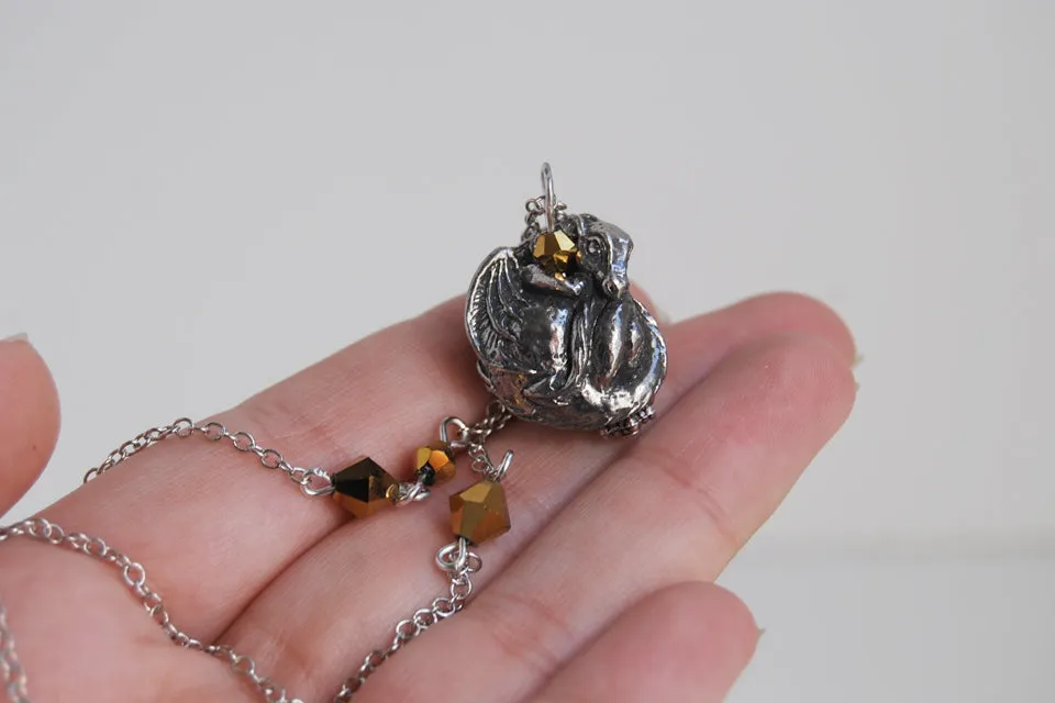 Smaug Necklace | Cute Dark Silver Dragon Pendant with Gold | Fantasy Jewelry | The Hobbit Necklace