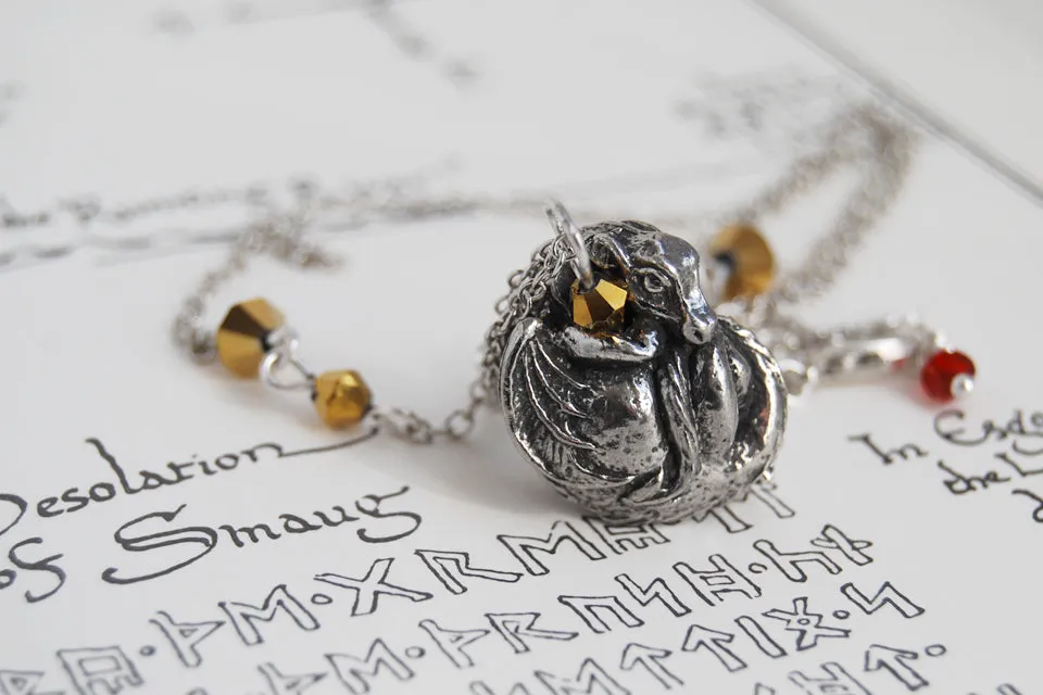 Smaug Necklace | Cute Dark Silver Dragon Pendant with Gold | Fantasy Jewelry | The Hobbit Necklace