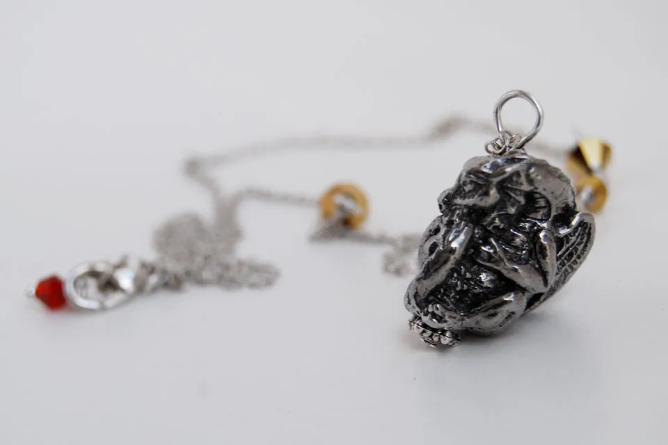 Smaug Necklace | Cute Dark Silver Dragon Pendant with Gold | Fantasy Jewelry | The Hobbit Necklace