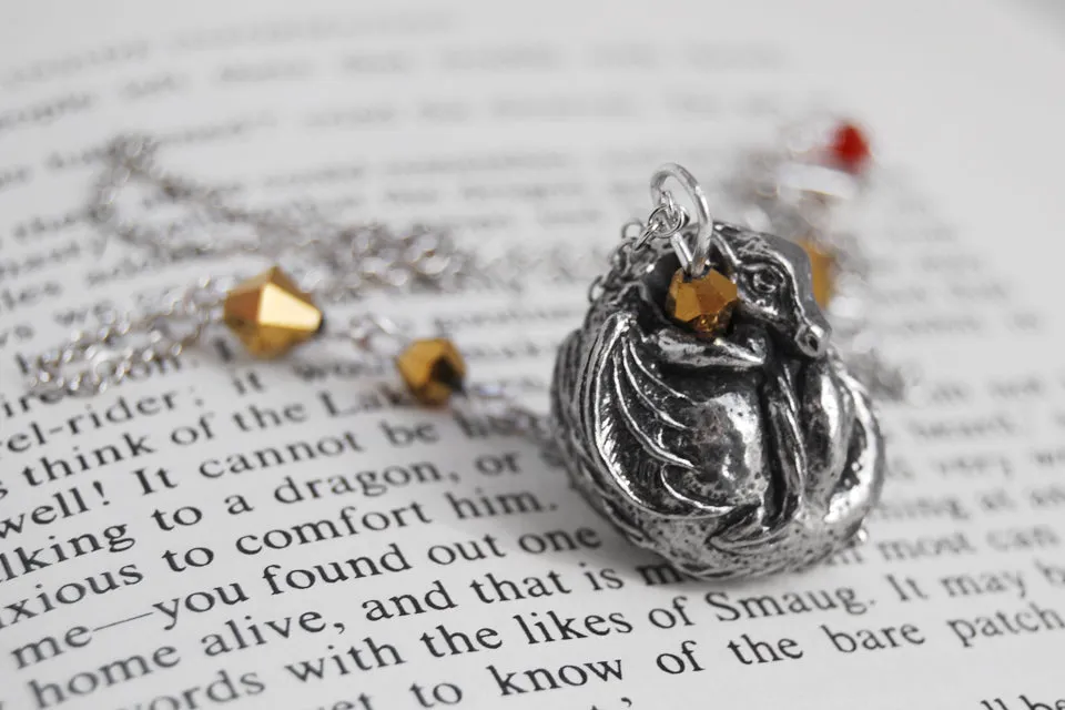 Smaug Necklace | Cute Dark Silver Dragon Pendant with Gold | Fantasy Jewelry | The Hobbit Necklace