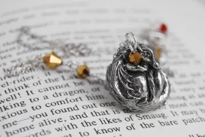 Smaug Necklace | Cute Dark Silver Dragon Pendant with Gold | Fantasy Jewelry | The Hobbit Necklace
