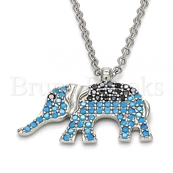 Sterling Silver 04.336.0067.16 Fancy Necklace, Elephant Design, with Black and Turquoise Micro Pave, Polished Finish, Rhodium Tone