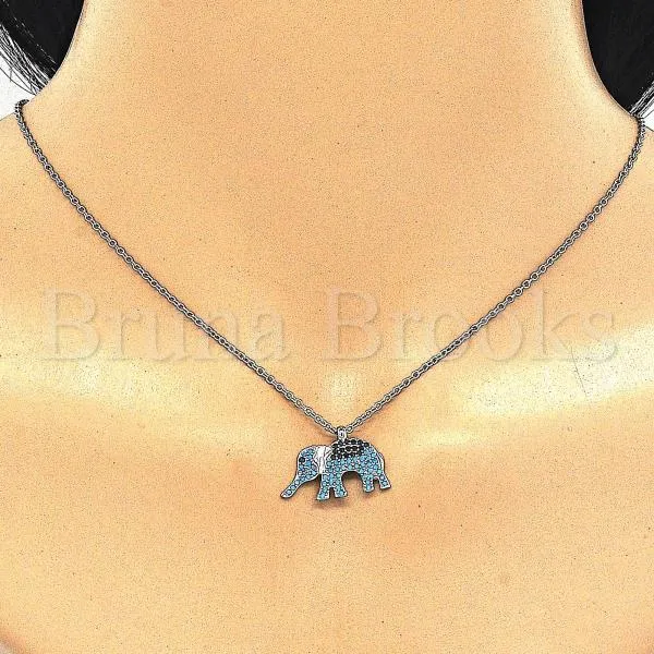 Sterling Silver 04.336.0067.16 Fancy Necklace, Elephant Design, with Black and Turquoise Micro Pave, Polished Finish, Rhodium Tone