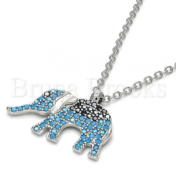 Sterling Silver 04.336.0067.16 Fancy Necklace, Elephant Design, with Black and Turquoise Micro Pave, Polished Finish, Rhodium Tone