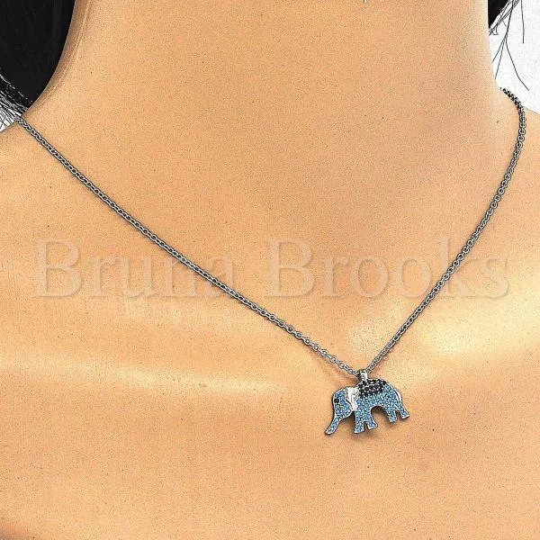 Sterling Silver 04.336.0067.16 Fancy Necklace, Elephant Design, with Black and Turquoise Micro Pave, Polished Finish, Rhodium Tone