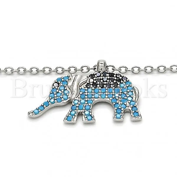 Sterling Silver 04.336.0067.16 Fancy Necklace, Elephant Design, with Black and Turquoise Micro Pave, Polished Finish, Rhodium Tone