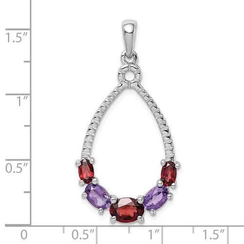 Sterling Silver Garnet and Amethyst Teardrop Shaped Pendant