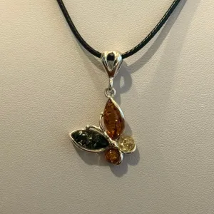 Stunning Butterscotch Green White Amber Butterfly Silver Pendant Necklace New