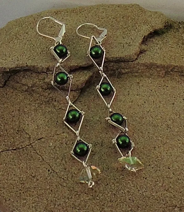 Swarovski Green Pearl and Spike Dangle Crystal Earrings