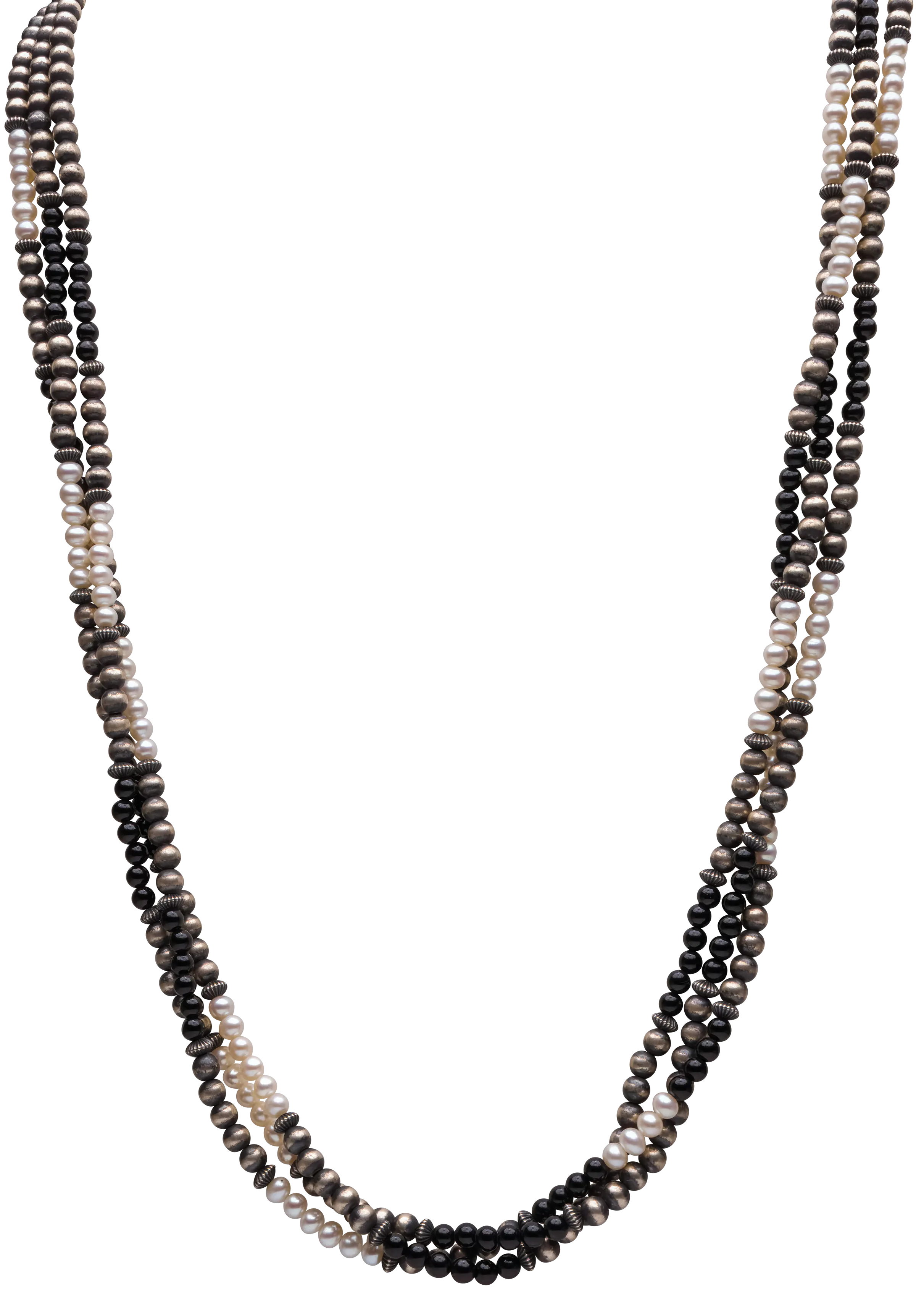 Three-Strand Beads with Navajo Pearls, Onyx, & Mother of Pearl | Navajo Handmade