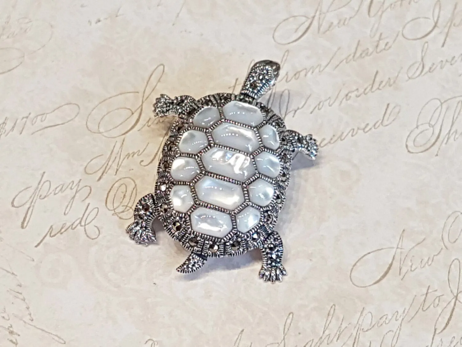 Tortoise Silver Brooch Pin in Mother of Pearl Marcasite