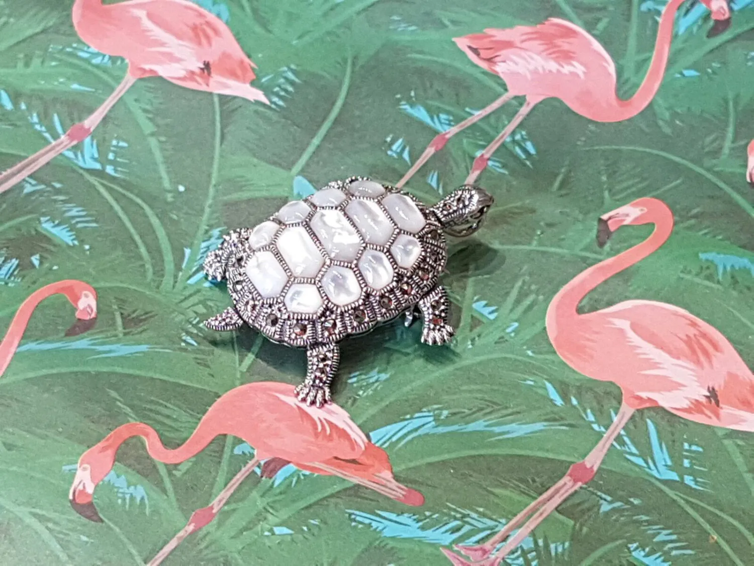 Tortoise Silver Brooch Pin in Mother of Pearl Marcasite