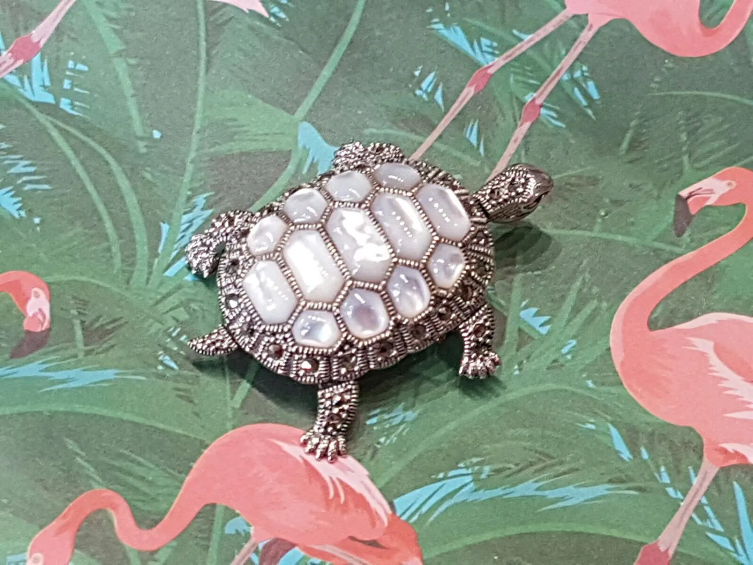 Tortoise Silver Brooch Pin in Mother of Pearl Marcasite