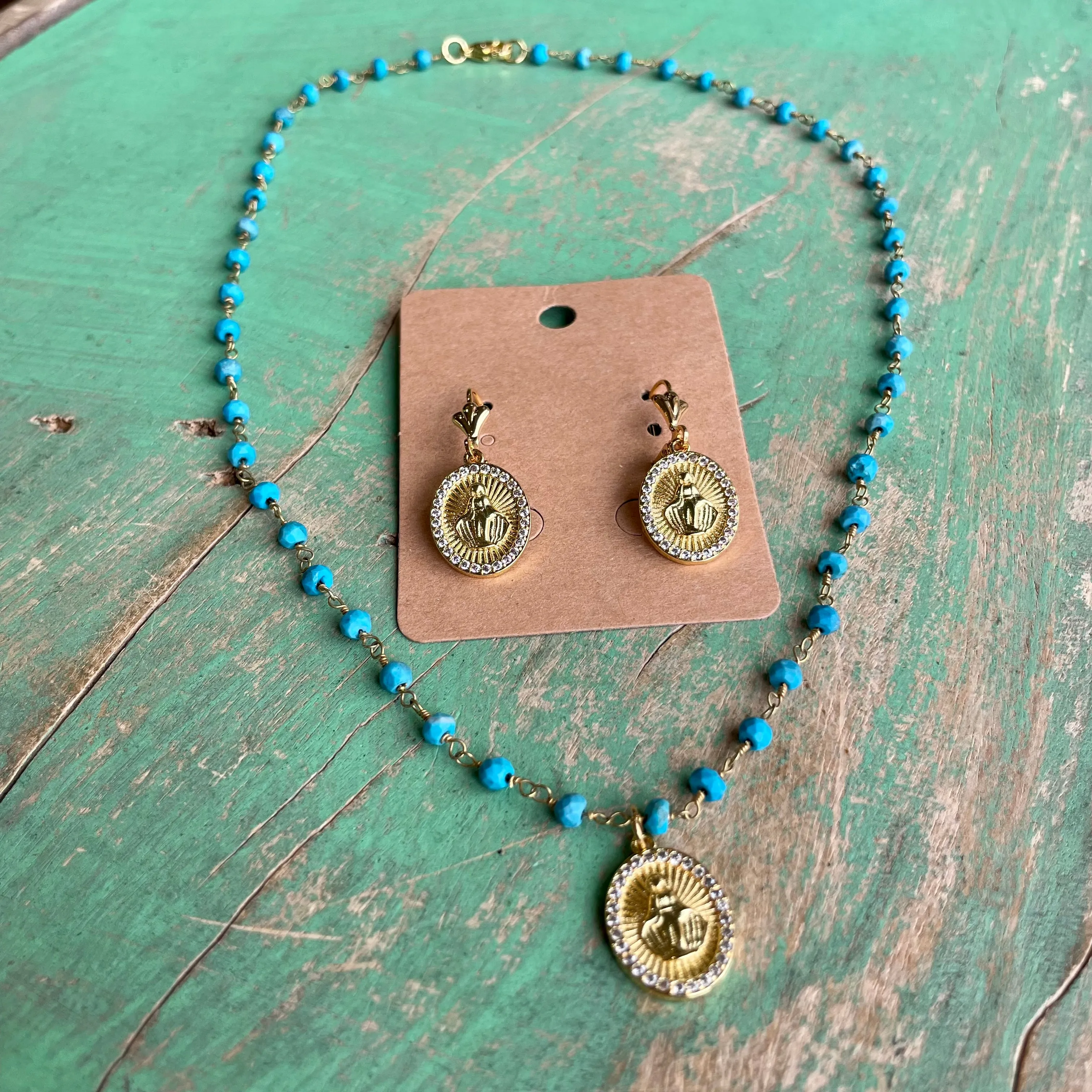 Turquoise Our Lady of Grace Necklace and Earrings