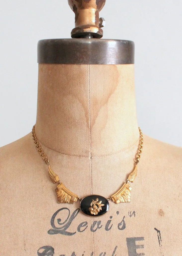 Vintage 1930s Brass Rose and Onyx Necklace