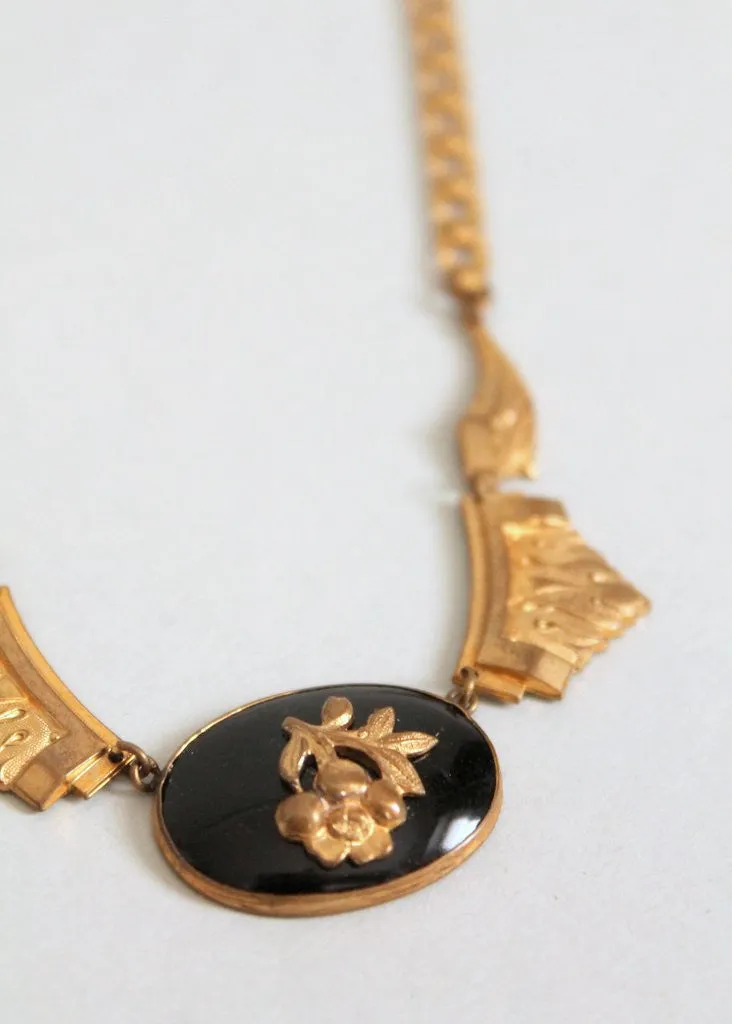 Vintage 1930s Brass Rose and Onyx Necklace