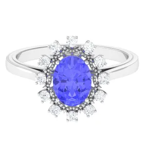 Vintage Inspired Oval Tanzanite and Diamond Halo Ring