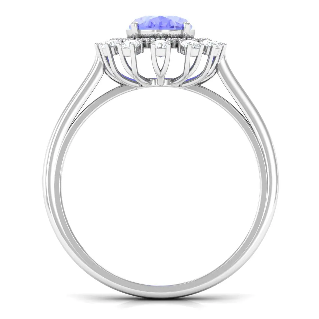 Vintage Inspired Oval Tanzanite and Diamond Halo Ring