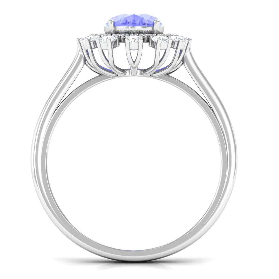 Vintage Inspired Oval Tanzanite and Diamond Halo Ring