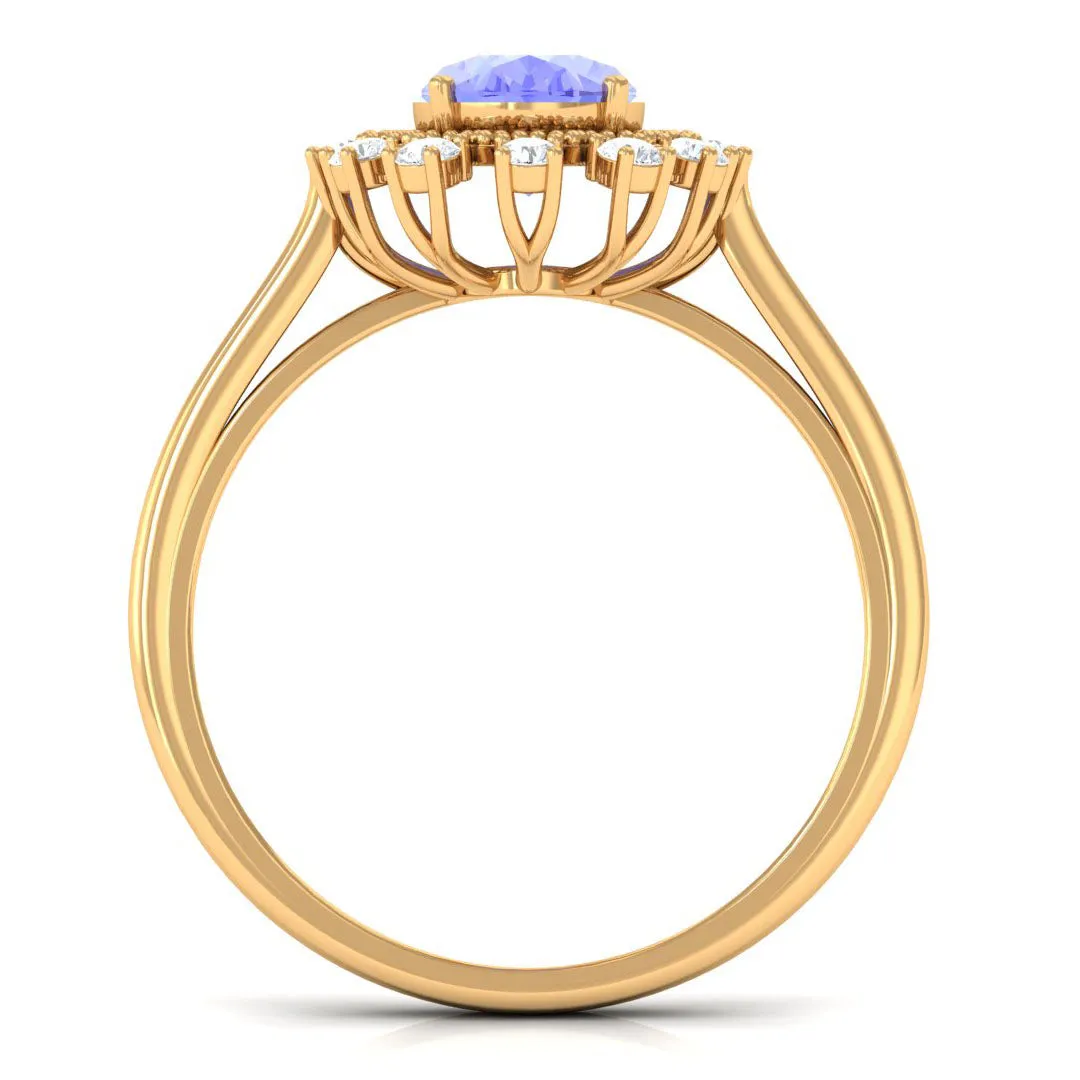 Vintage Inspired Oval Tanzanite and Diamond Halo Ring