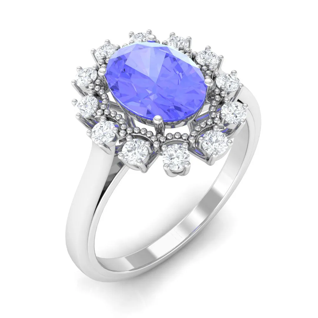 Vintage Inspired Oval Tanzanite and Diamond Halo Ring