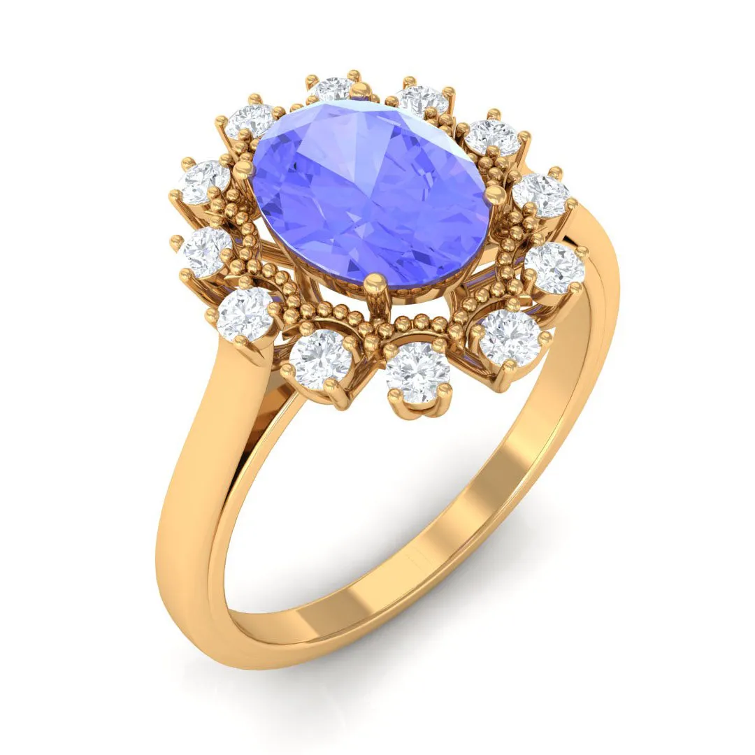 Vintage Inspired Oval Tanzanite and Diamond Halo Ring