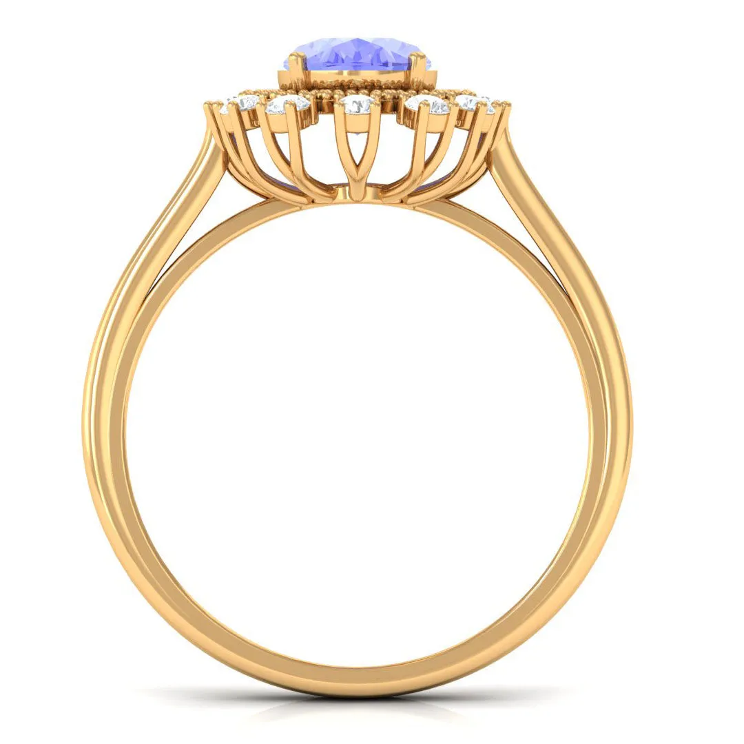 Vintage Inspired Oval Tanzanite and Diamond Halo Ring