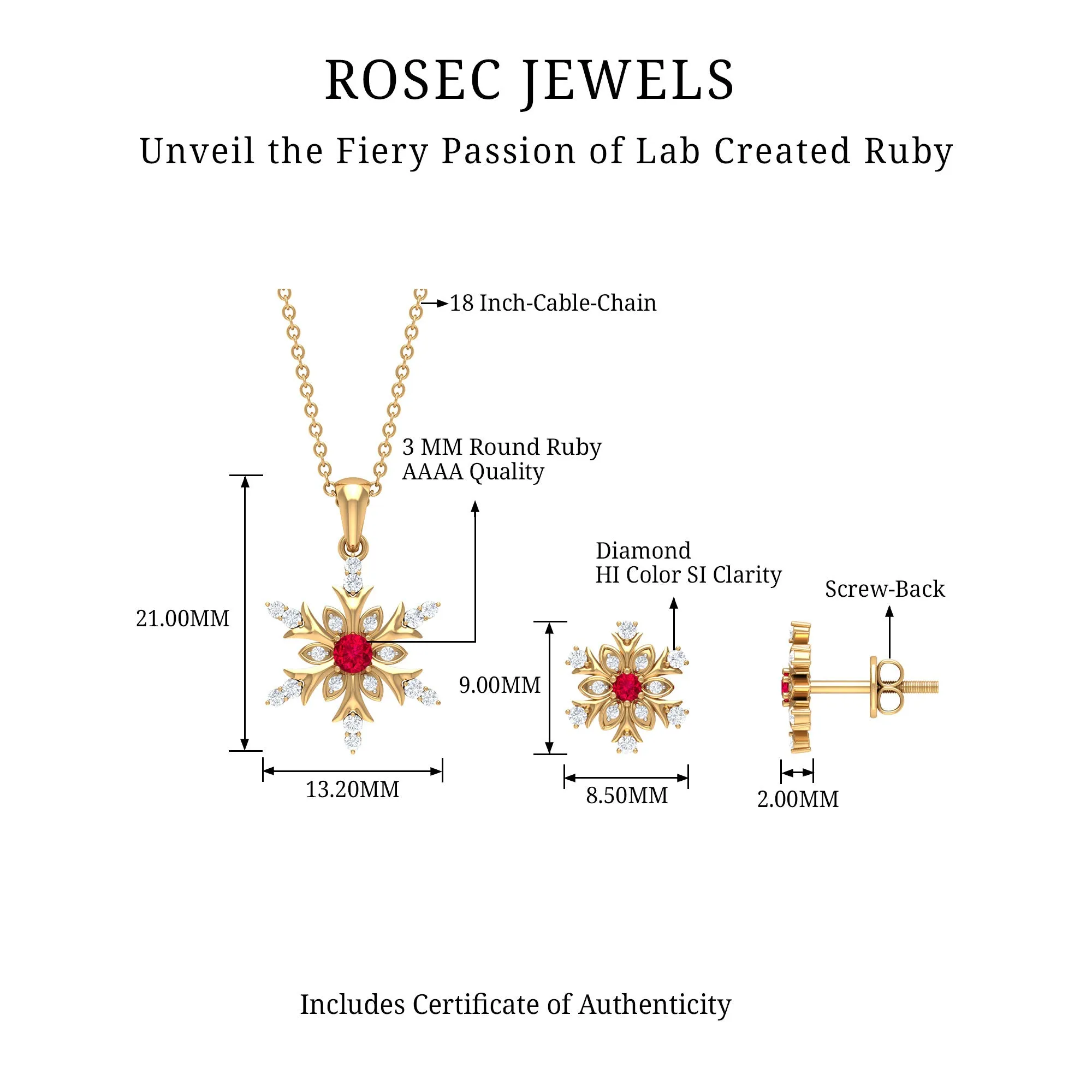 Vintage Lab Grown Ruby and Diamond Snowflake Pendant and Earrings