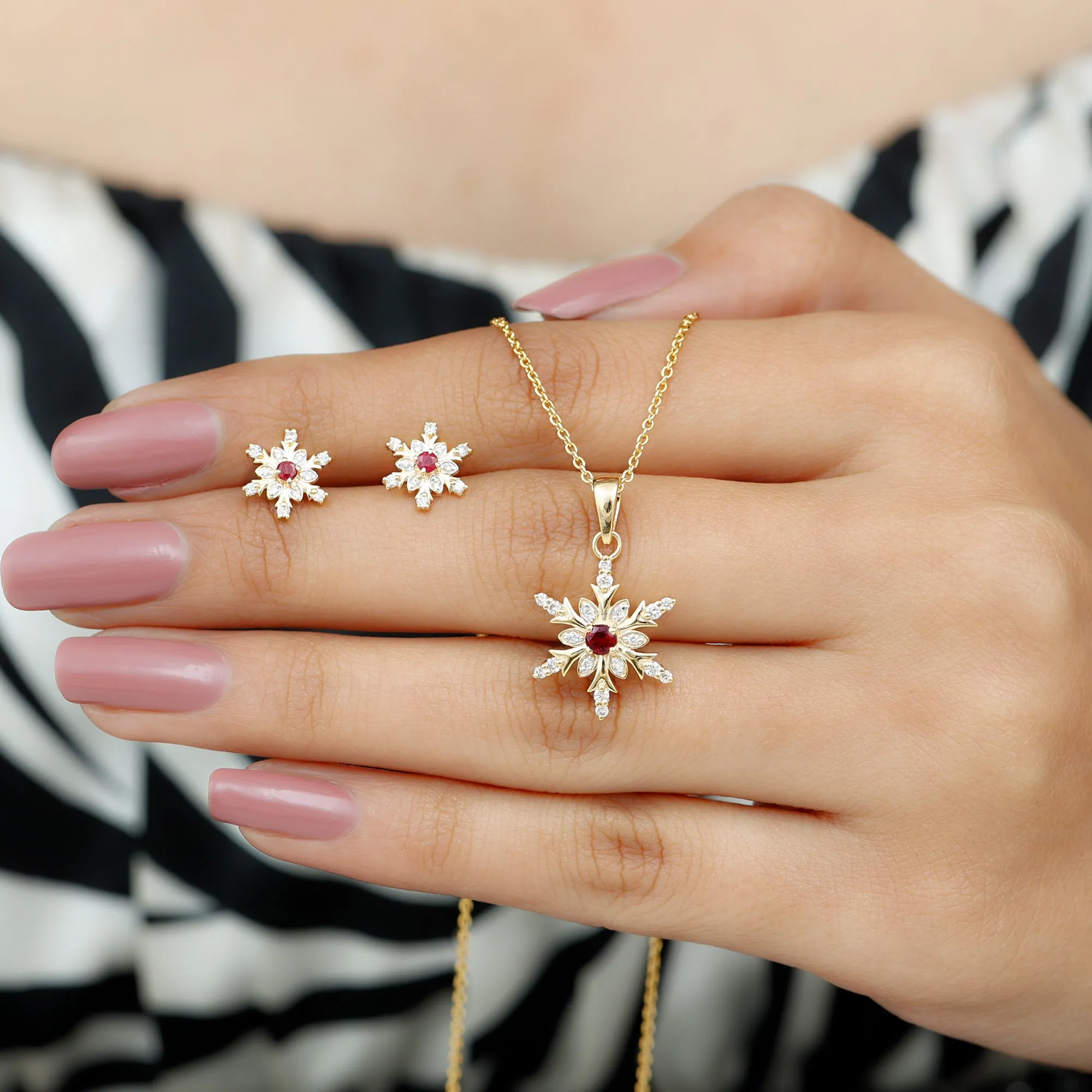 Vintage Lab Grown Ruby and Diamond Snowflake Pendant and Earrings