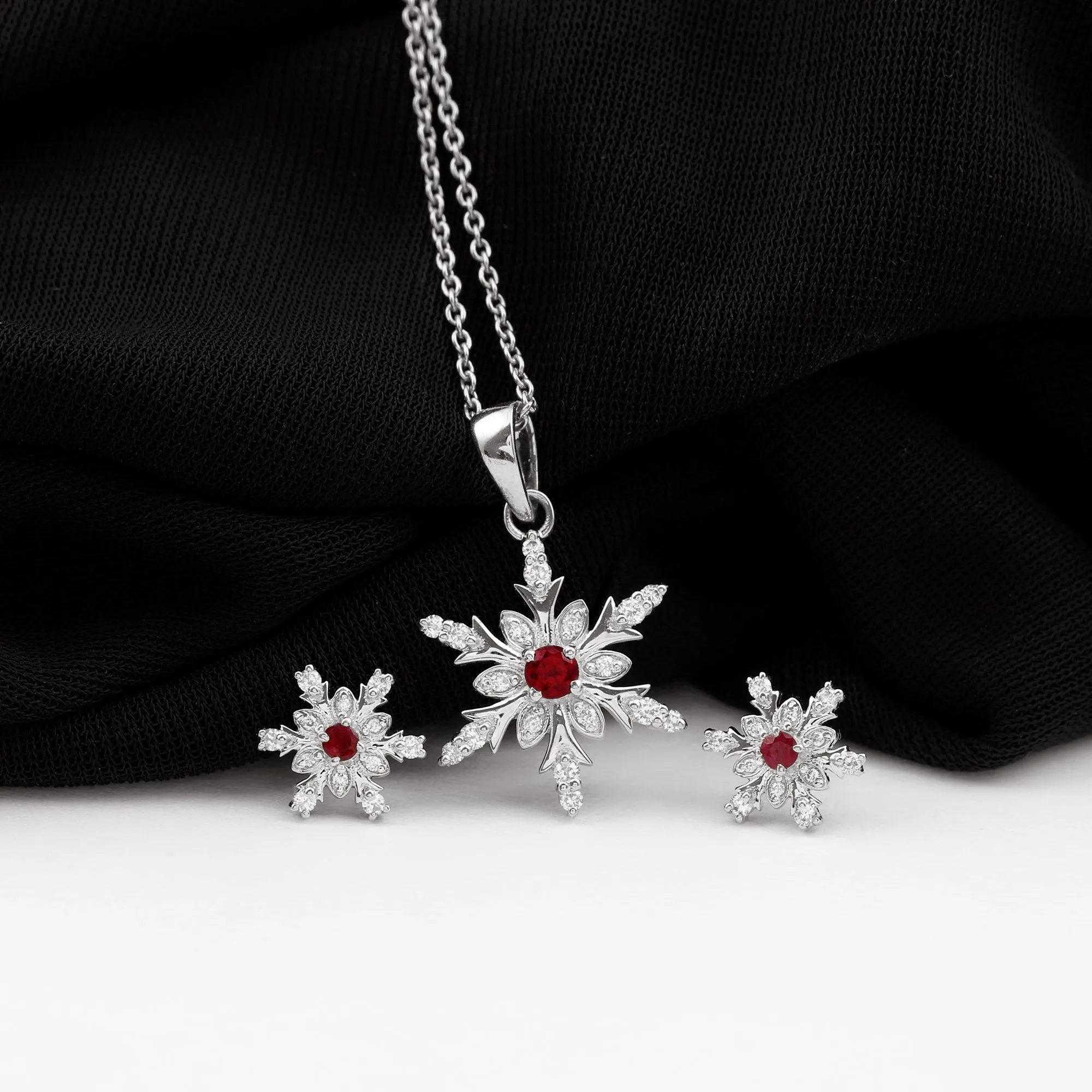 Vintage Lab Grown Ruby and Diamond Snowflake Pendant and Earrings