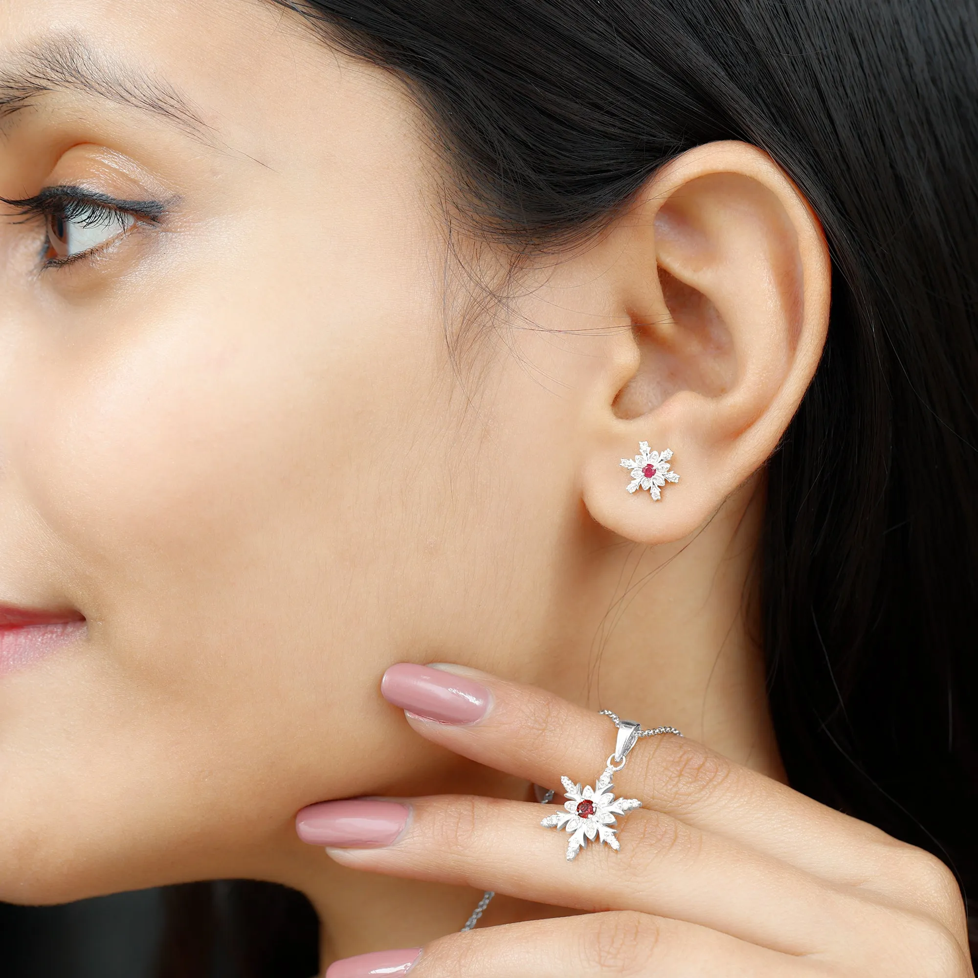 Vintage Lab Grown Ruby and Diamond Snowflake Pendant and Earrings