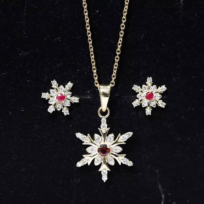 Vintage Lab Grown Ruby and Diamond Snowflake Pendant and Earrings